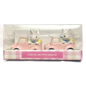 Lily & Lark Ceramic Rabbit, Egg Truck, Rose Gold Trim, Salt & Pepper Shakers NEW